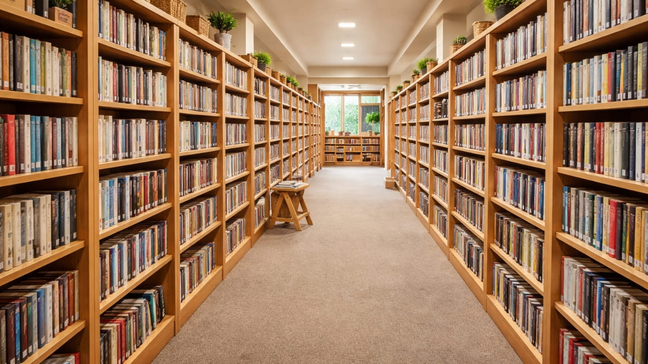 Organized library shelves