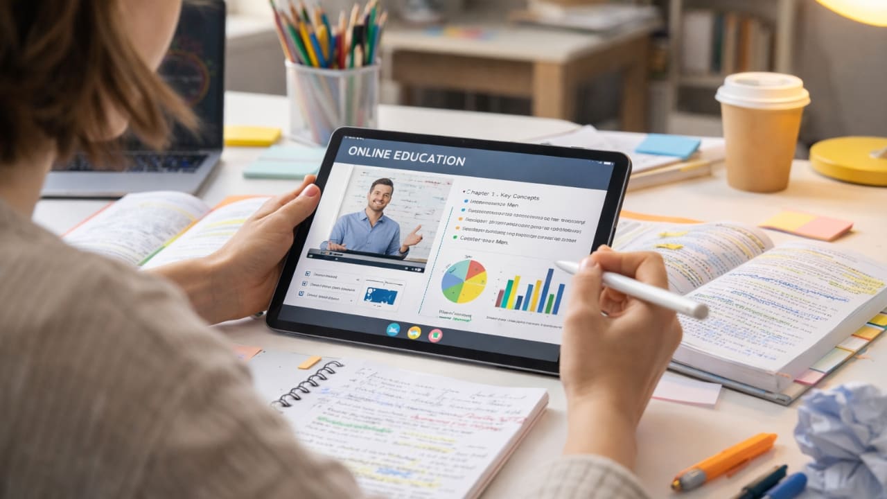 Student using tablet for studying